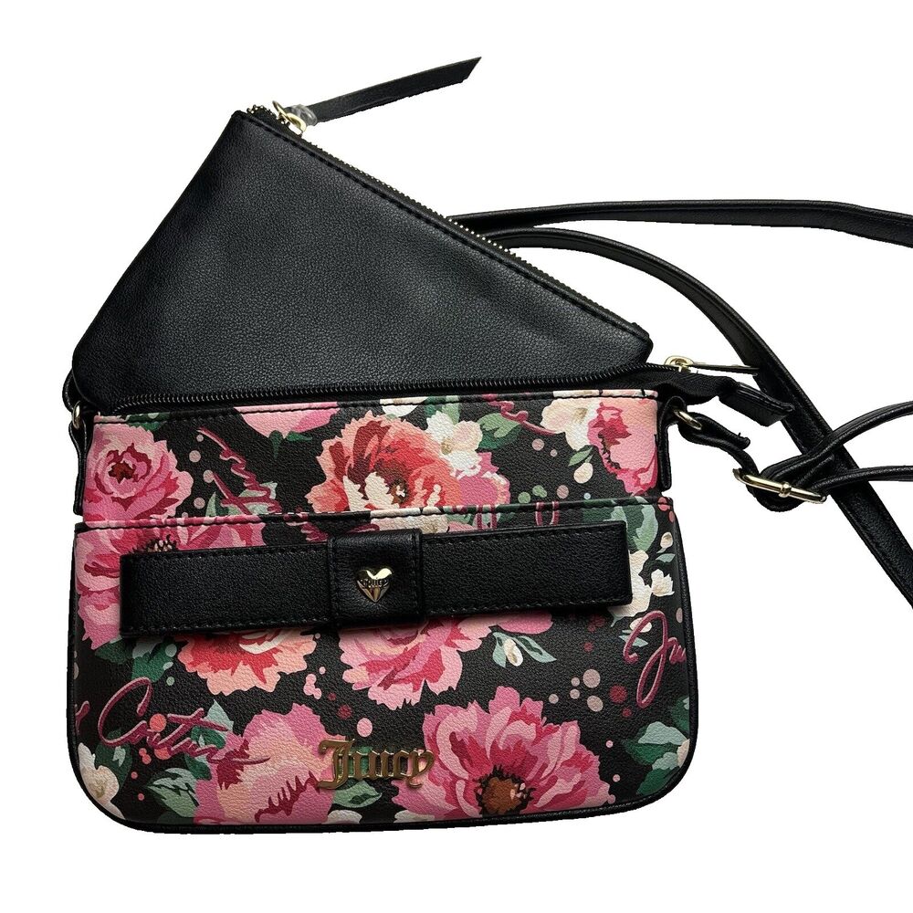 Juicy Couture Pick Ur Petal Blk Peek A Bow Floral Crossbody W/Removable Pouch